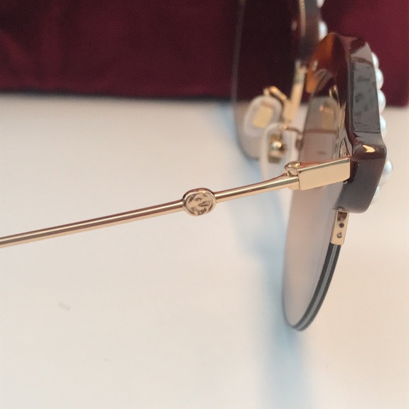New Authentic Gucci Pearl-Embellished Sunglasses - Brown GG0212s 002 - Picture 4 of 12